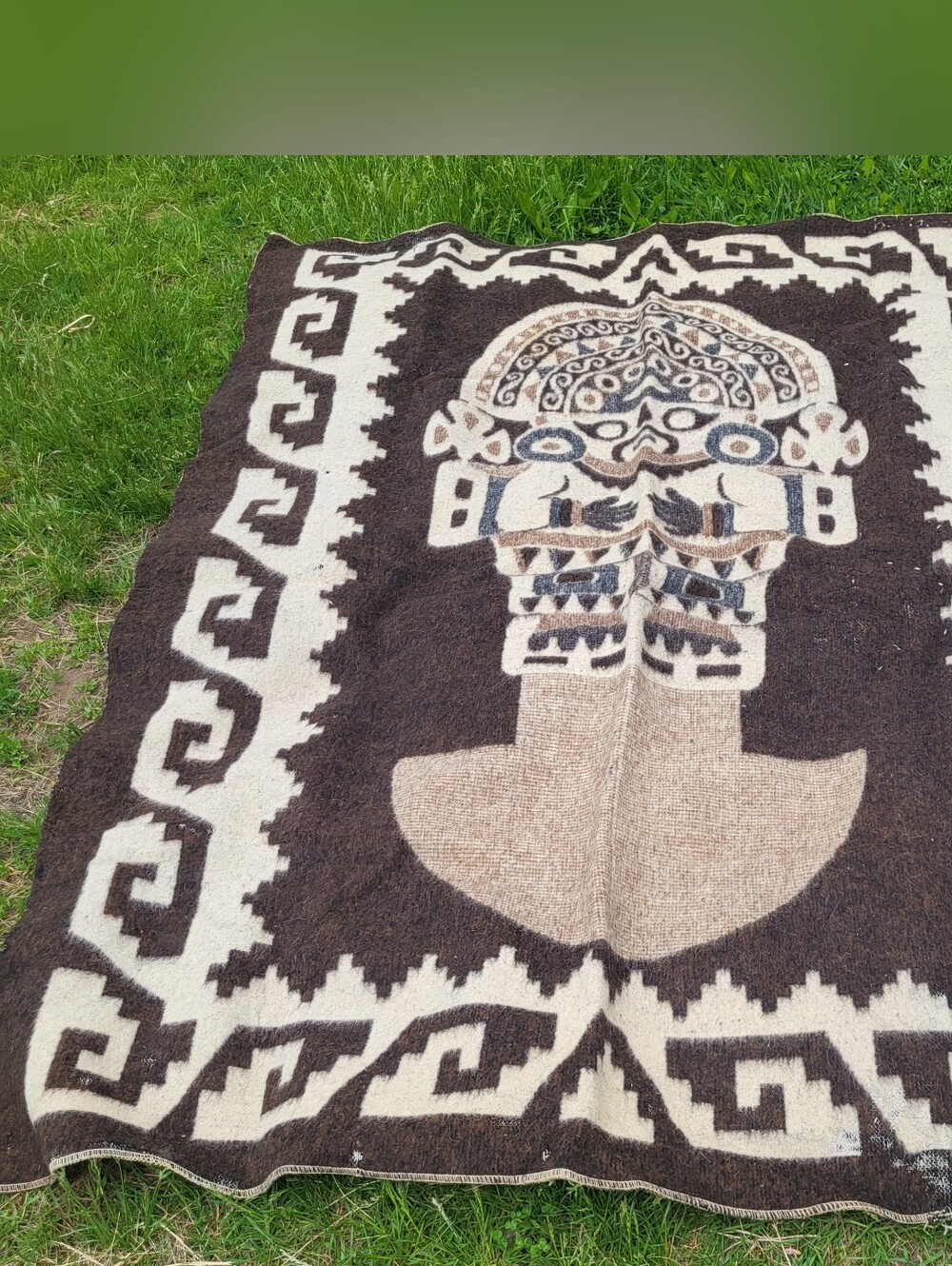 Vintage Peruvian Tribal Wool Throw in Brown & Cream